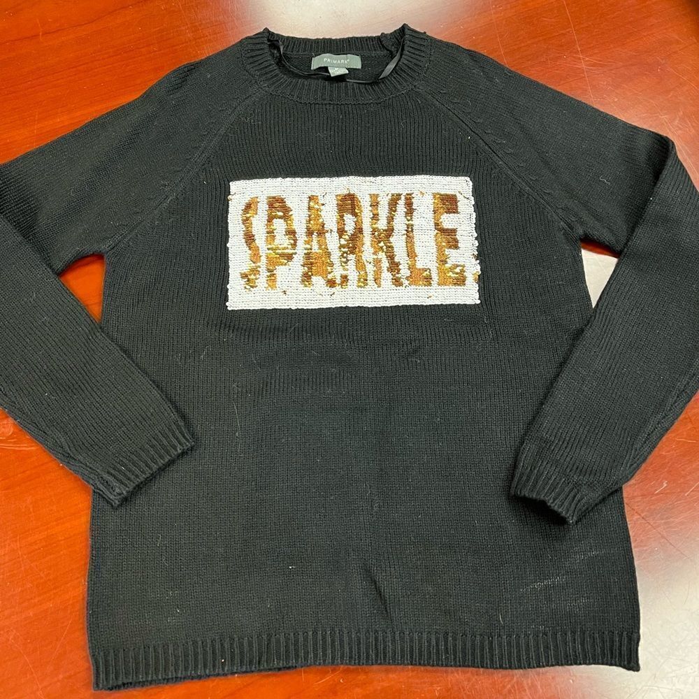 Primark Black Sparkle Like A Star Reverse Sequin Sweater sz M 6/8